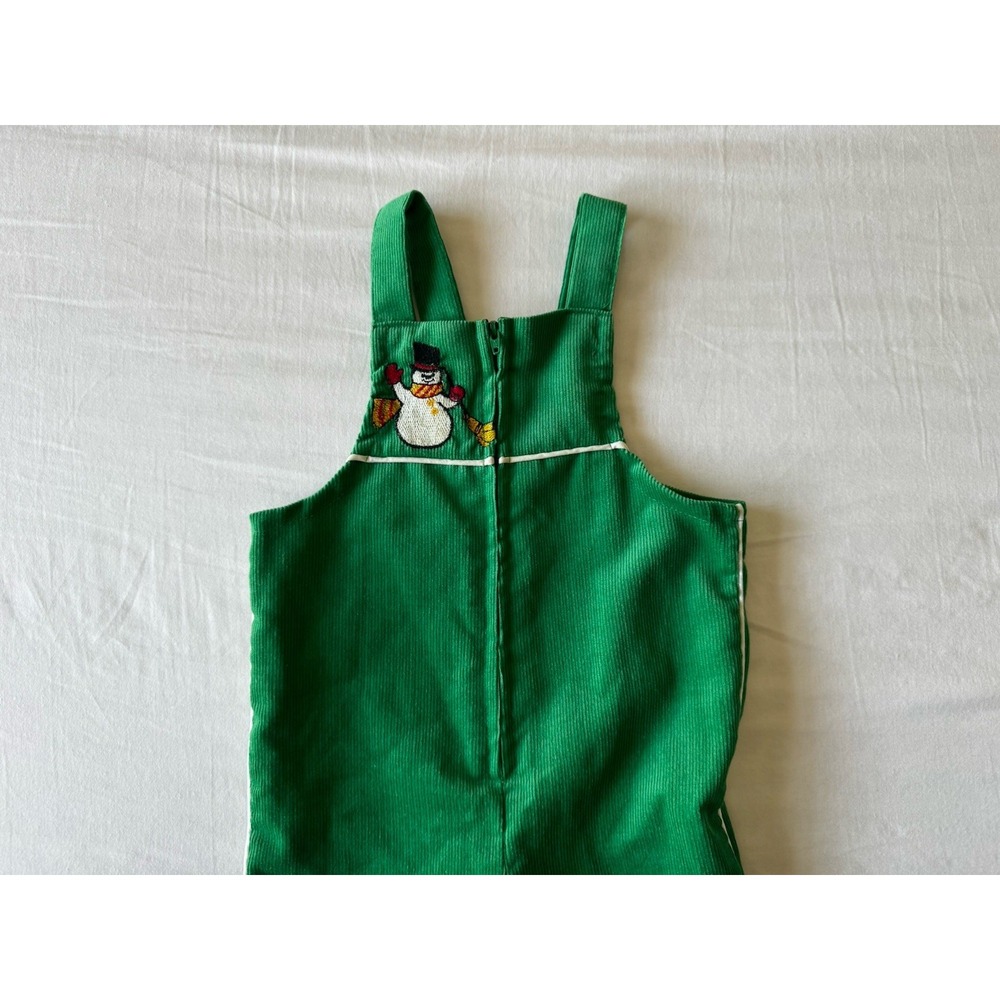 Vintage Sears Infant Corduroy Snowman Embroider Overalls Outfit Green Holiday - Picture 2 of 6